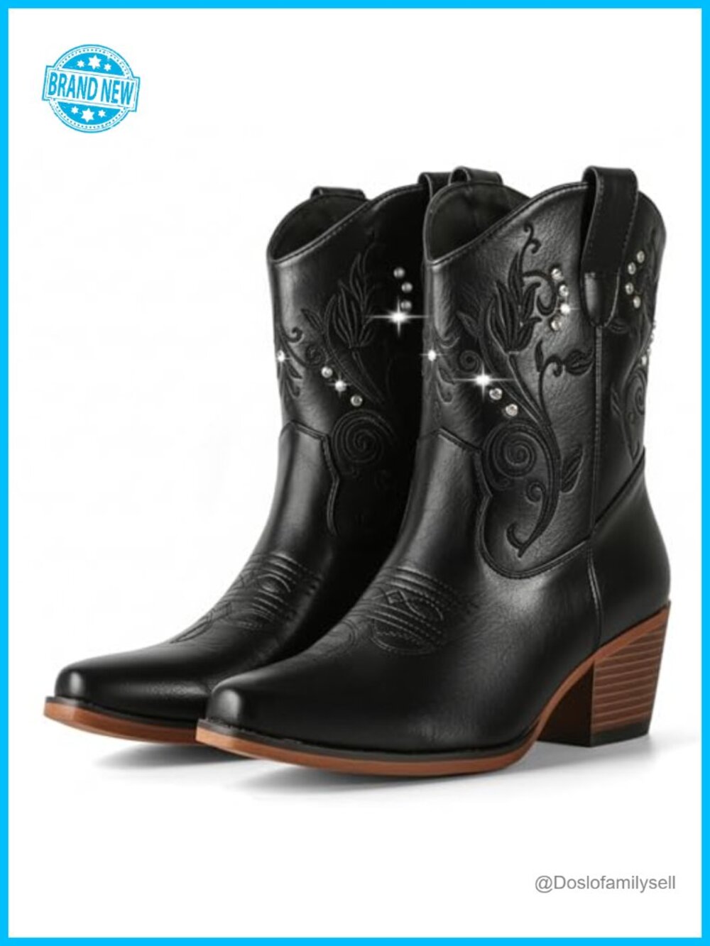 Western Ankle Boots Pointed Toe Block Heel Faux Leather Rhinestone